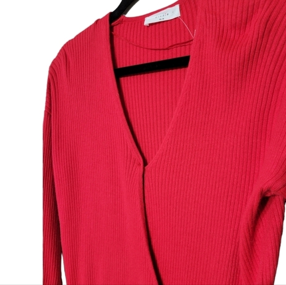 Elodie M Red Ribbed Faux Wrap Sweater V-Neck Long Sleeve Soft Office Knit NWT - Picture 6 of 13